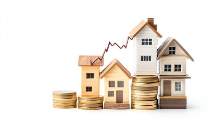 A representation of financial growth with houses and stacked coins, symbolizing real estate investment and wealth accumulation.