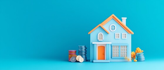 Fototapeta premium Colorful model house with coins and stacks, showcasing savings and investment concepts in a vibrant, modern design.