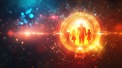 digital art banner featuring a glowing, abstract family circle with icons representing grandparents and grandchildren, surrounded by a radiant glow, emphasizing family unity
