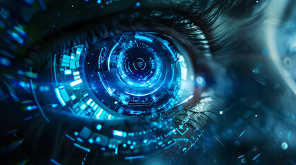 Close-up of a human eye with futuristic digital interface overlay.