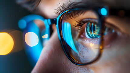Close-up of a person's eye looking at a screen through glasses, with blurred lights in the background.