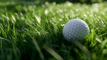 Closeup of a white golf ball resting on a lush green grass.