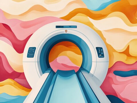 Conceptual illustration of an MRI scanner as a portal to inner worlds, revealing the hidden layers of diagnosis, abstract medical art