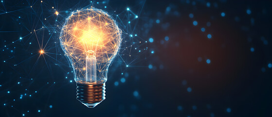 Glowing light bulb made of connected lines and dots against a dark blue background.