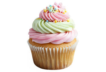 a transparent image of an elegant cupcake with dual-tone cream and baby pink frosting, decorated with pastel drag&eacute;es.