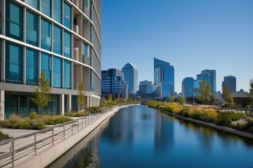 Fototapeta premium Tranquil Urban Route Near Modern Office Structures and Skyline