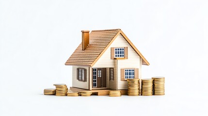 A miniature house model surrounded by stacks of coins, symbolizing real estate investment and financial growth.