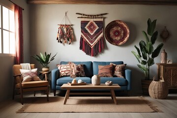 Bohemian Nomadic Interior Mockup Frame with Rustic Decor in a Cozy Living Room Setting