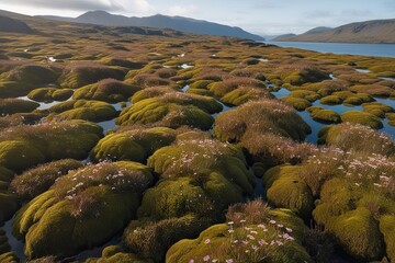 Stunning Aerial Landscape with Lush Mossy Terrain and Colorful Wildflowers