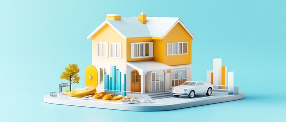 A vibrant 3D model of a modern yellow house with a car, featuring trees and decorative elements on a light blue background.