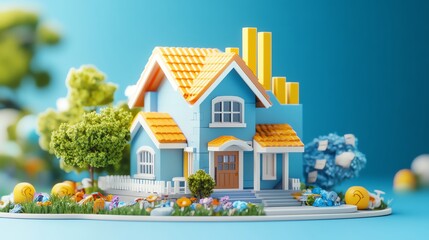 Stylized house model surrounded by greenery and colorful flowers, symbolizing home, growth, and real estate success.
