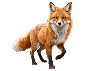 An animated rendering of a red fox in mid-stride, featuring vibrant orange fur and bushy tail, on a transparent background
