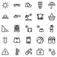 Collection of Basic Sun Protection Related Vector Line Icons. Contains Icons like Sun, Hat, Sunscreen, Umbrella and more. Editable stroke. 48x48 pixels