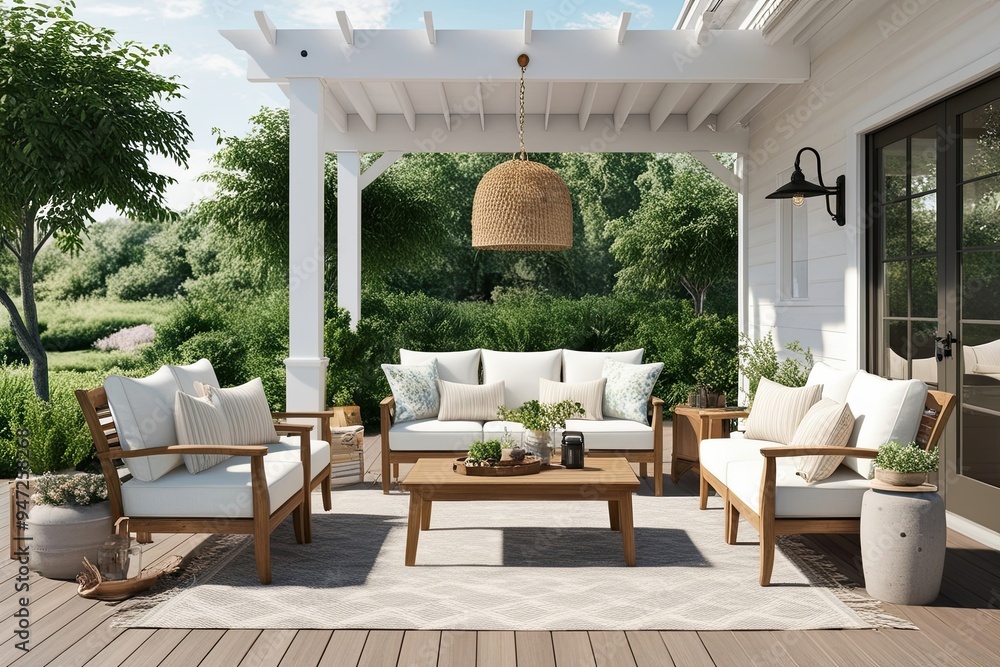 Wall mural Modern Farmhouse Outdoor Patio Mockup: Serene 3D Layout with Airy Decor and Natural Style