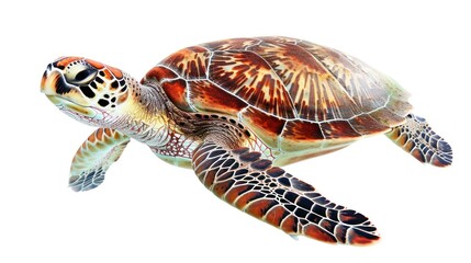 Fototapeta premium a sea turtle swimming isolated on a white background.