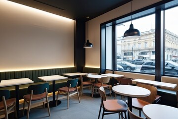 Modern Cafe Interior Design with Minimalist Walls Panoramic Windows Stylish Chairs and Versatile Folding Tables