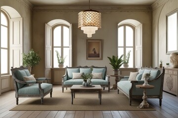 Fototapeta premium Serene Ancient Style Interior Mockup Featuring Distressed Furniture and Stylish Light Fixture