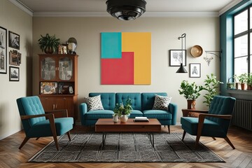 Stylish Modern Wall Art Mockup in a Retro Family Room with Vintage Furniture and Urban Arrangement