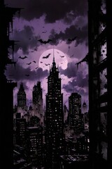 Digital illustration city skyline night sky filled dark Dark, Ra