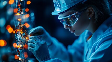 A focused engineer works on advanced technology with glowing elements, showcasing innovation and dedication in a lab environment.