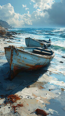 Two White Boats On A Sandy Beach