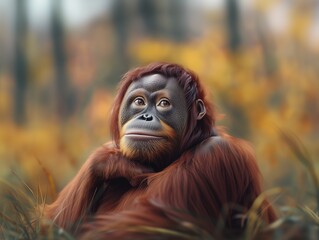 Bornean Orangutan, Pongo Pygmaeus, Endangered Great Ape in Tropical Rainforest