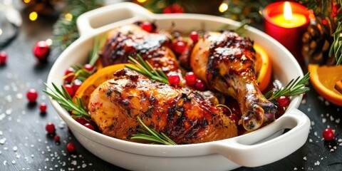 Grilled spicy chicken drumsticks with citrus spices and red berries served on a white plate.