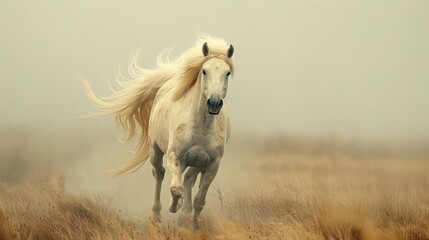 Obraz premium A majestic white horse running through a foggy field,