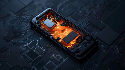 Smartphone Circuit Board Inside View with Glowing Microchip
