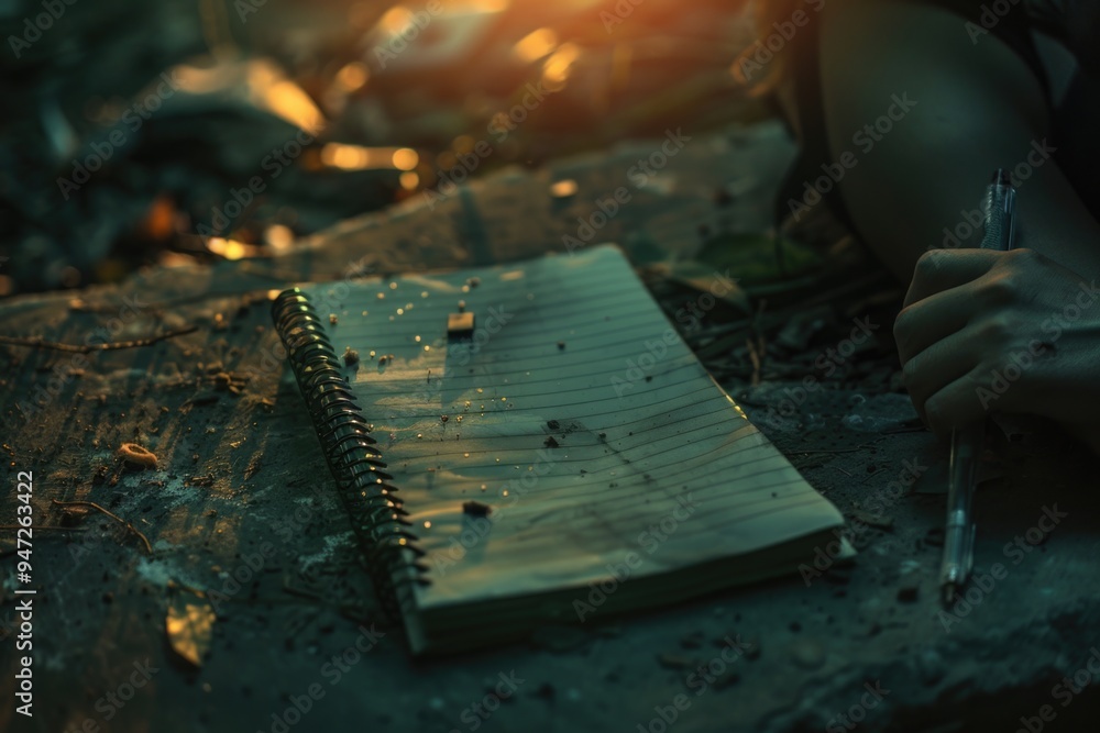 Poster A person writes on a notebook with a pen
