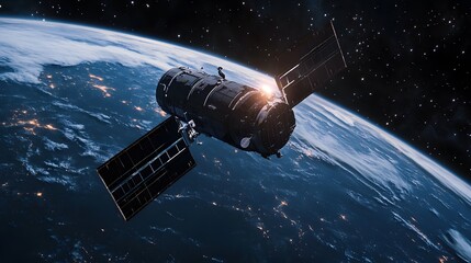 Obraz premium Exploring the Final Frontier: A Satellite's Journey Orbiting the Earth with a Majestic View of Our Blue Planet