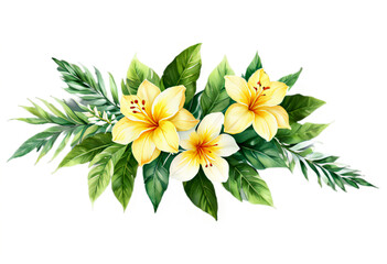 Watercolor Tropical Spring Bouquet featuring green leaves and colorful flowers, isolated on a transparent PNG background, ideal for greeting or wedding cards.