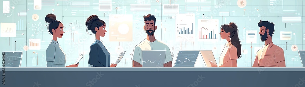 Poster a diverse team engages in a collaborative meeting with digital presentations and charts in a modern 