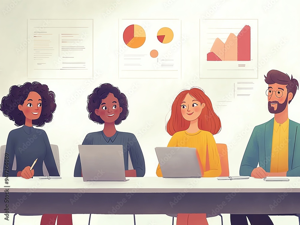 Poster a diverse team collaborates in a meeting, discussing strategies with laptops and charts. ideal for b