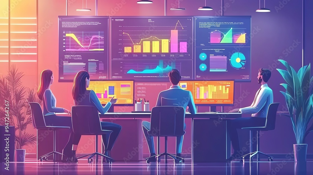 Poster a modern office scene showcasing professionals analyzing data on digital screens with vibrant colors