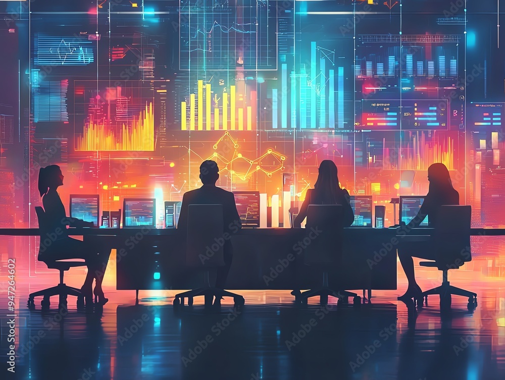 Poster silhouettes of business professionals analyzing data in a futuristic office environment with colorfu