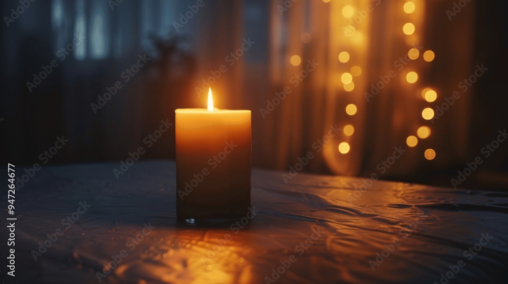 Poster burning candle on table with bokeh lights background