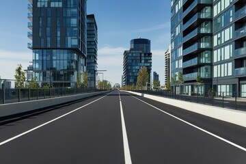 Obraz premium Empty Asphalt Road Surrounded by Modern City Buildings Detailed View