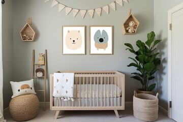 Stylish Modern Nursery Decor with Light Wood Accents and Fun Artwork