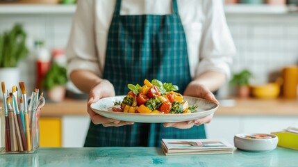 A woman is holding a plate of food in her hands