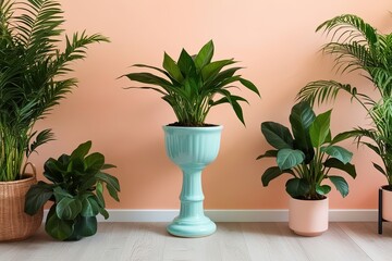 Obraz premium Vibrant Ceramic Plant Stand Featuring Lush Greenery in a Light Peach Interior Design