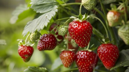 Ripe Strawberries Growing on a Vine