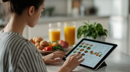 A woman is using a tablet to look at a menu of healthy foods