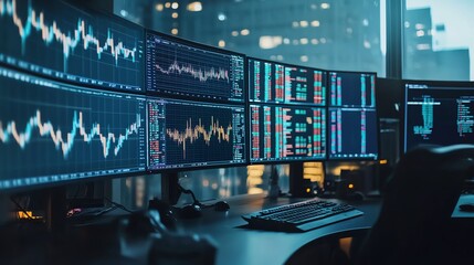 Trading Desks Multiple monitors displaying complex financial data and stock charts, arranged in a grid on a trading desk Bright, sharp lighting, focus on the screen details