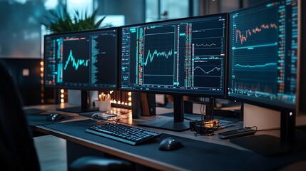 Trading Desks Multiple monitors displaying complex financial data and stock charts, arranged in a grid on a trading desk Bright, sharp lighting, focus on the screen details