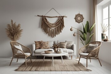 Stunning Minimalist Boho Interior Mockup Featuring Natural Elements and Artistic Decor