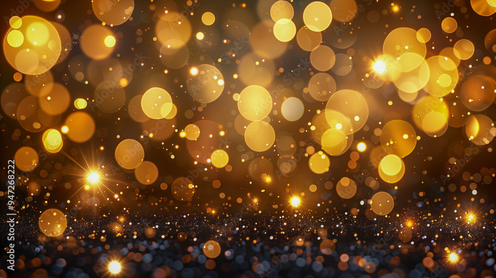 Poster golden bokeh lights on dark background..