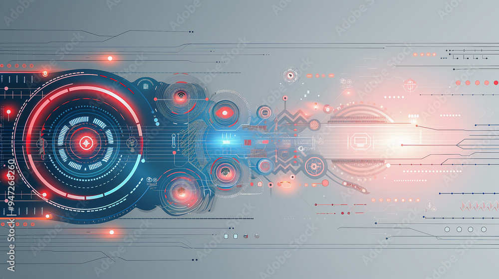 Poster futuristic hud interface with red and blue digital elements..