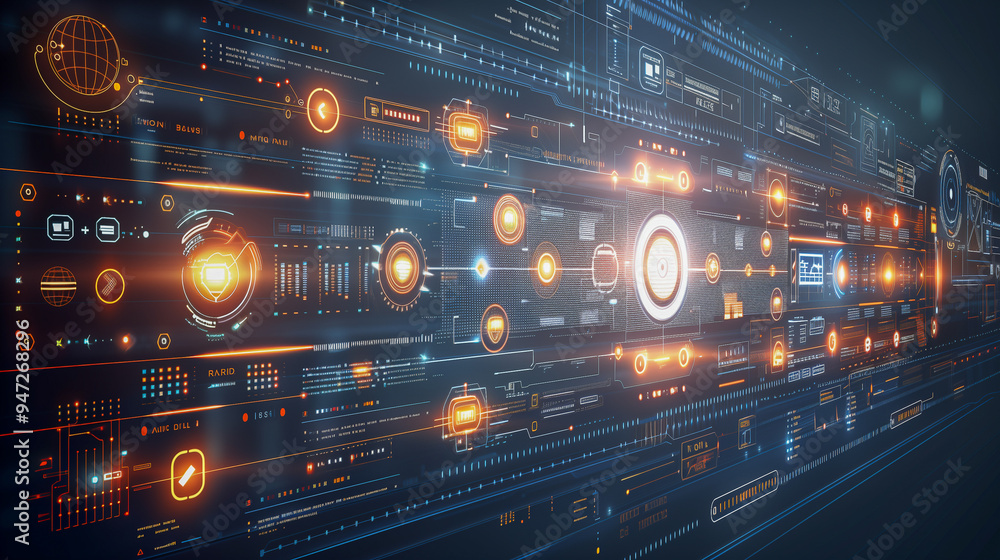 Poster futuristic digital interface with orange and blue hud elements..