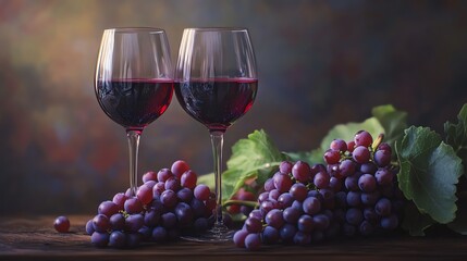 Wine and Grapes A still life of two wine glasses filled with red wine